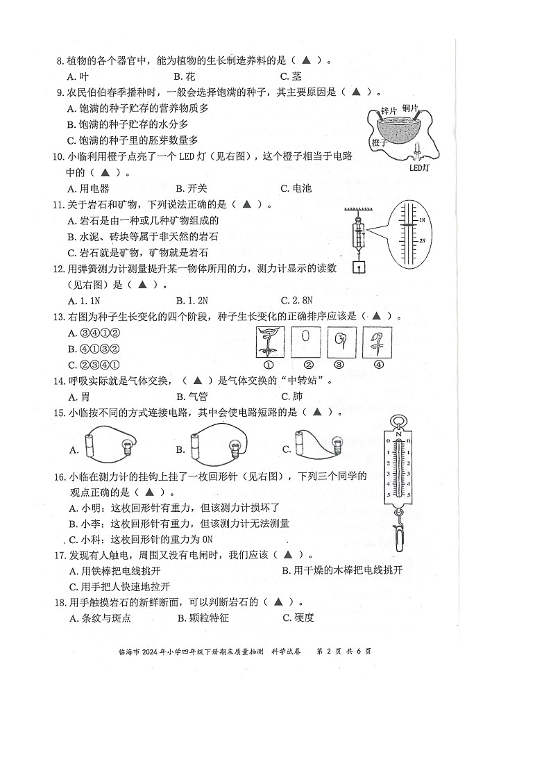 浙江省台州市临海市2023-2024学年第二学期四年级科学期末试卷（教科版，无答案）第2页