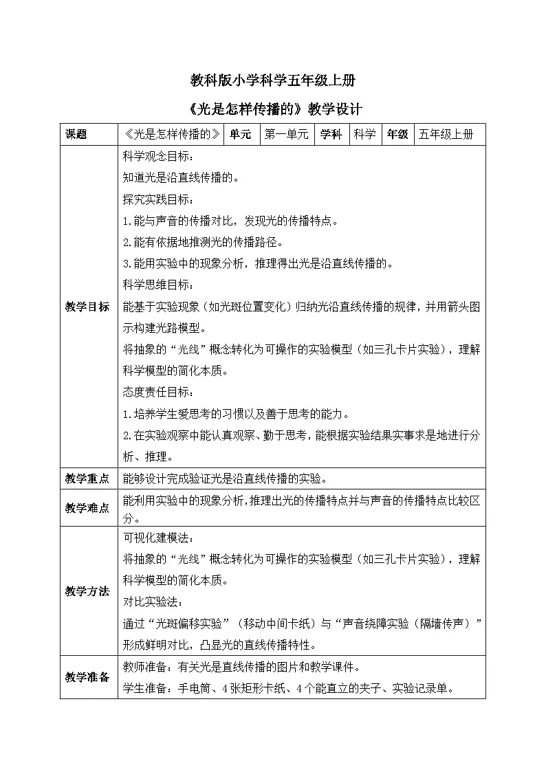 教科版小学科学五年级上册1-2《光是怎样传播的》教学设计第1页