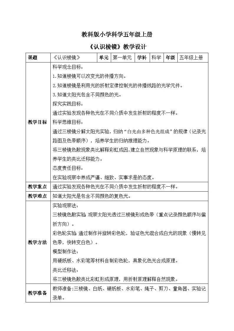 教科版小学科学五年级上册1-5《认识棱镜》教学设计第1页
