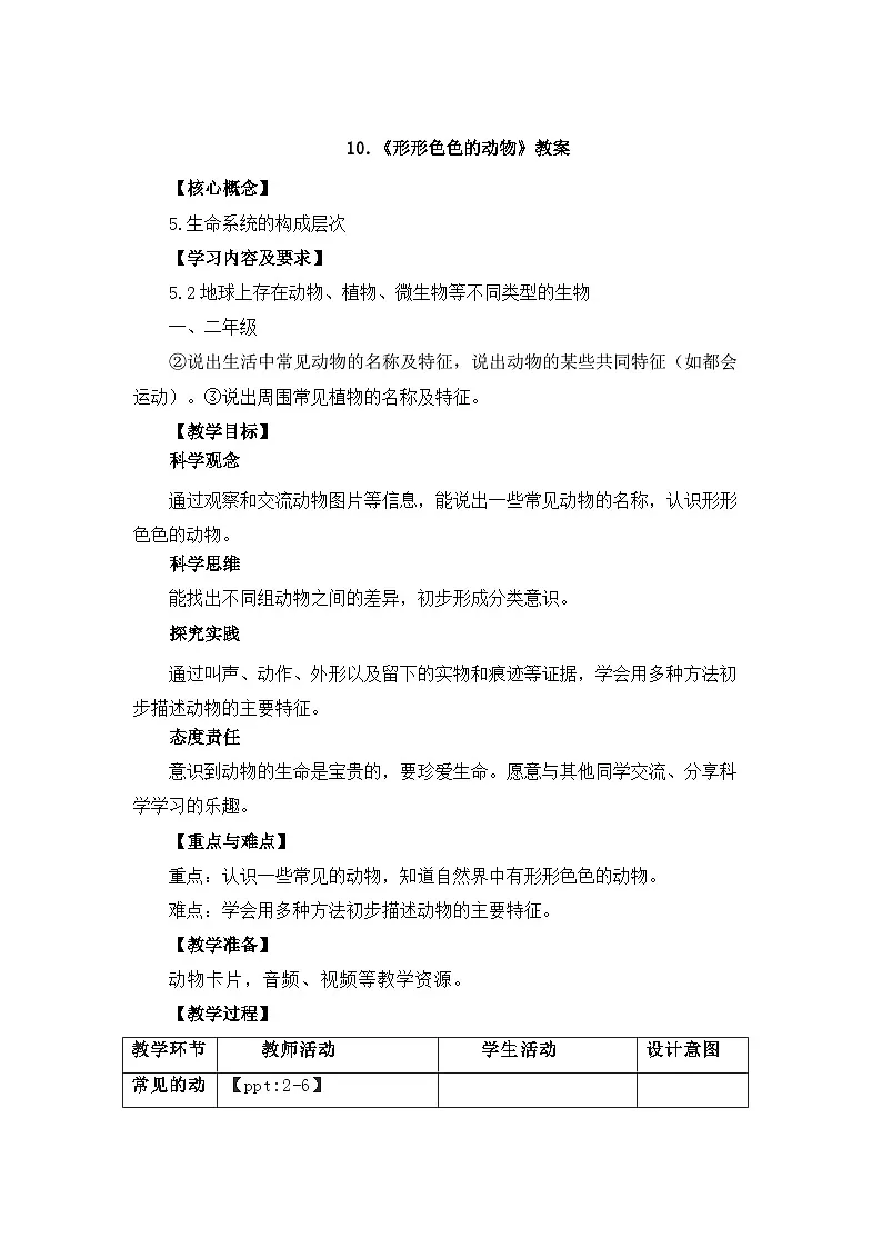 第10课 形形色色的动物 教案 小学科学苏教版（2024）一年级下册第四单元第1页