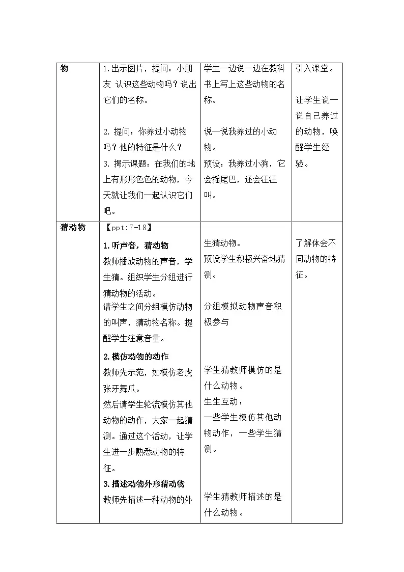 第10课 形形色色的动物 教案 小学科学苏教版（2024）一年级下册第四单元第2页