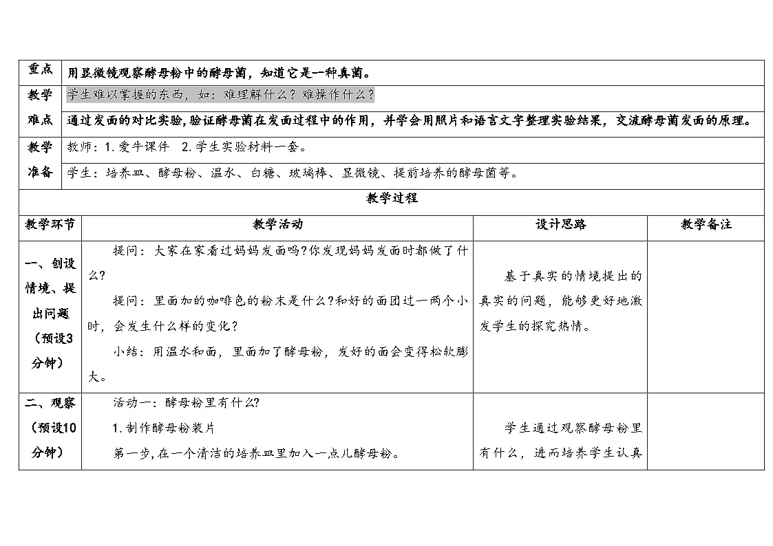 2025年秋大象版六年级科学上册 1.2发面的秘密 (教案)第2页