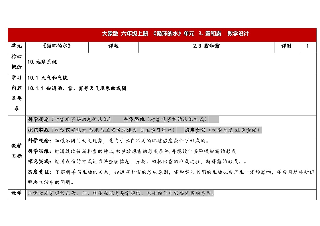 2025年秋大象版六年级科学上册 2.3 霜和露 (教案)第1页