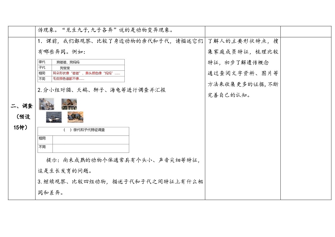 2025年秋大象版六年级科学上册 4.2 动物的遗传和变异 (教案)第3页