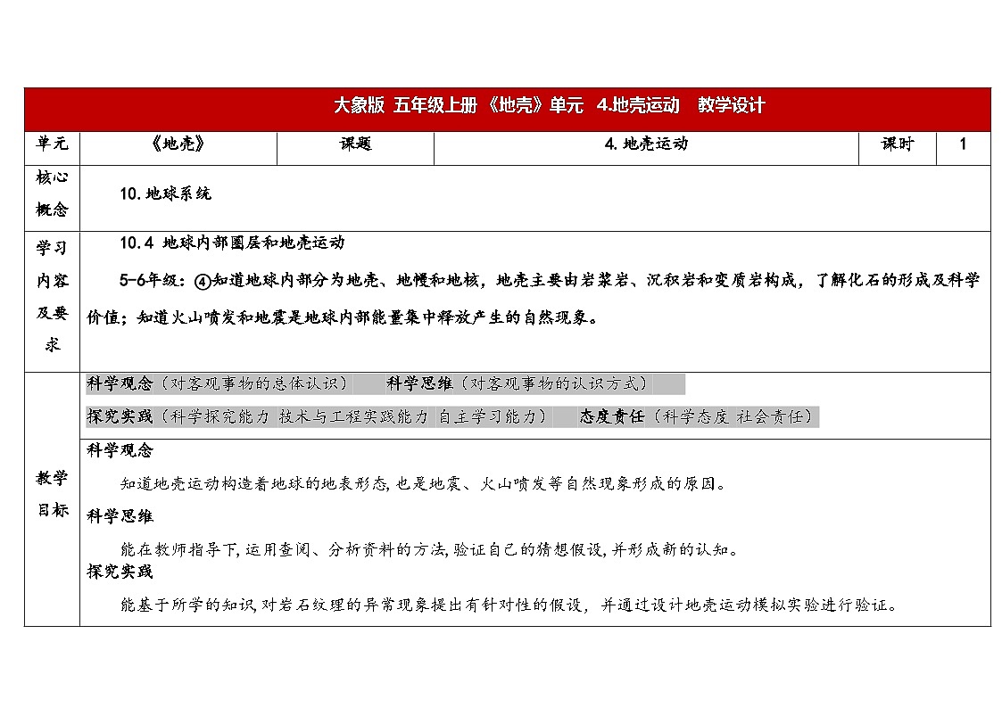 2025年秋大象版五年级科学上册 4.4地壳运动 (教案)第1页