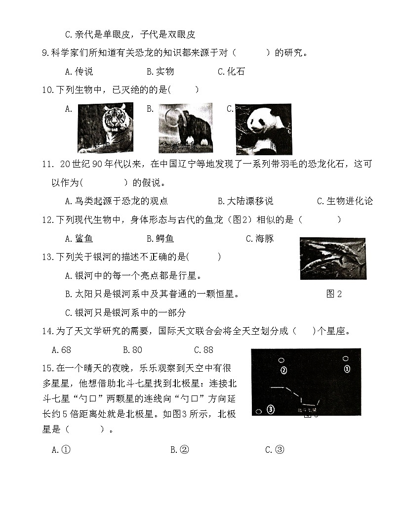 广东省梅州市2024-2025学年六年级上册苏教版科学“期末综合素质测评（一）”试题（含答案）第2页