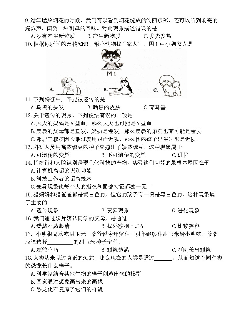 广东省梅州市2024-2025学年六年级上册苏教版科学“期中学习能力检测题”（含答案）第2页