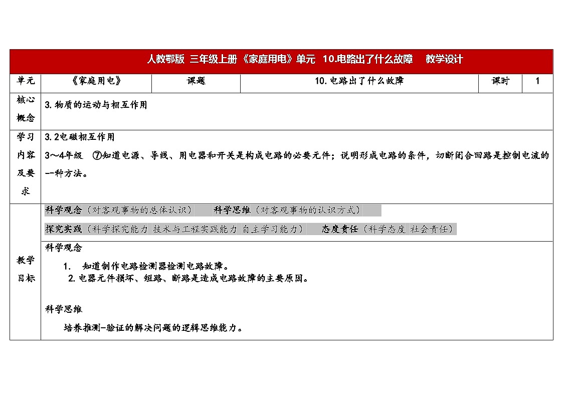 2025年秋人教鄂教版三年级科学上册 10.电路出了什么故障（教案）第1页
