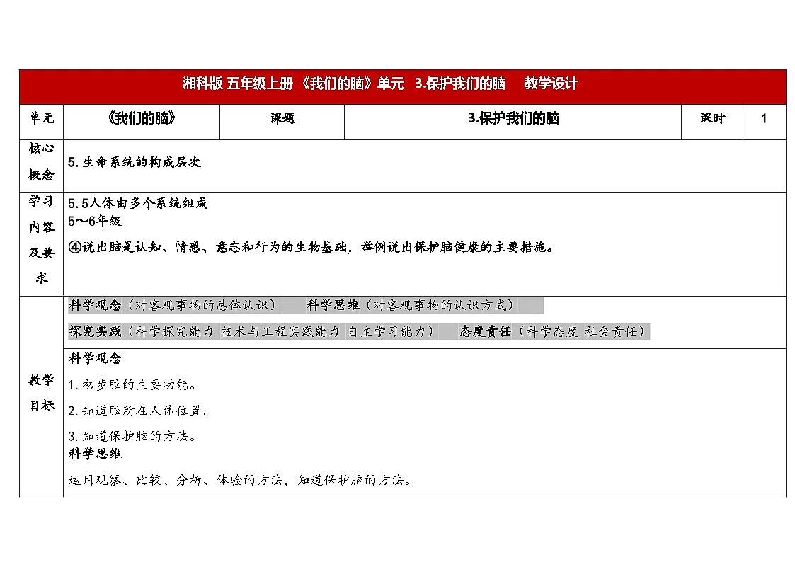 2025年秋湘教版五年级科学上册1.3保护我们的脑（教案）第1页