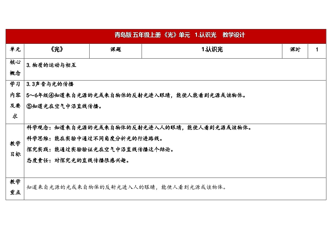 1.《认识光》（教案）2025-2026学年秋青岛版五年级科学上册第1页