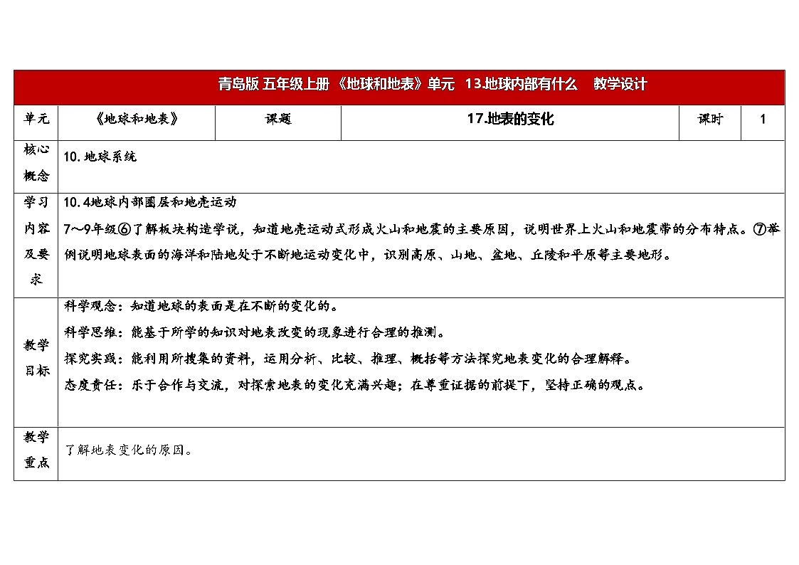 17.《地表的变化》（教案）2025-2026学年秋青岛版五年级科学上册第1页