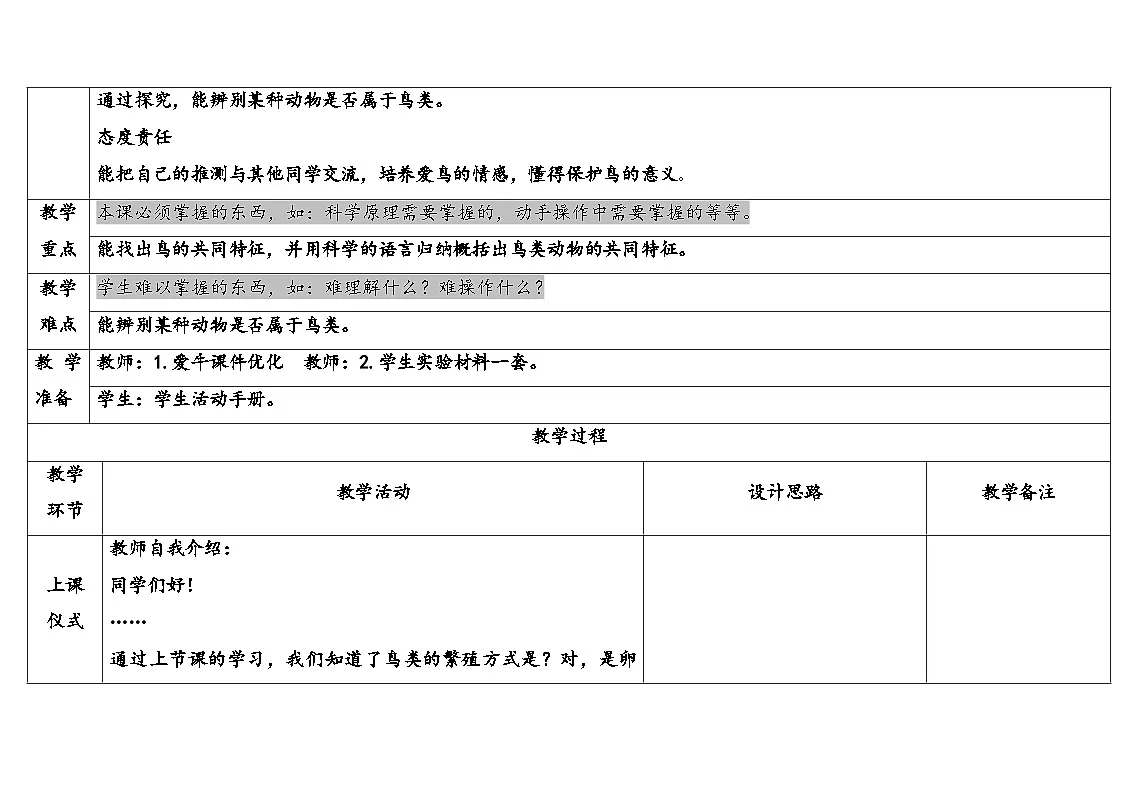 2025年大象版三年级科学上册 2.2鸟类的特征（教案）第2页