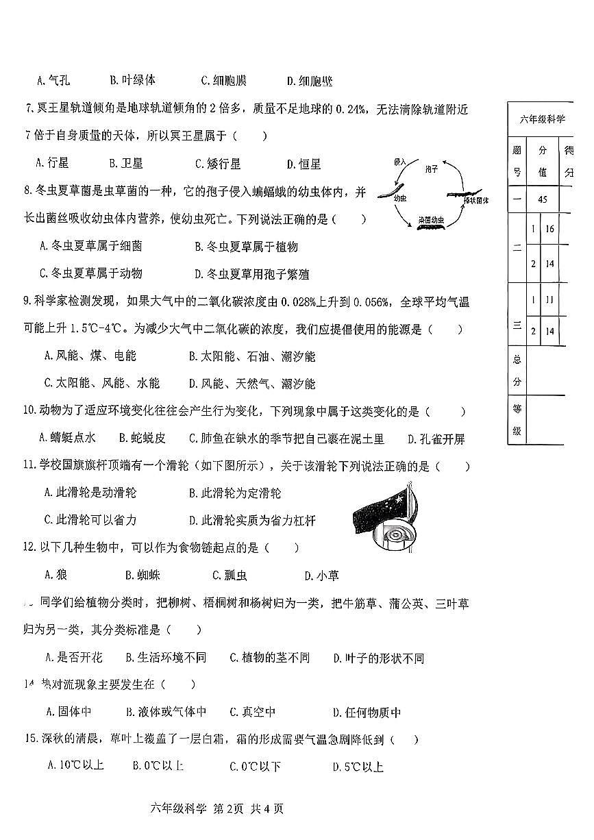 山东省潍坊市奎文区2024-2025学年六年级下科学期末试卷第2页