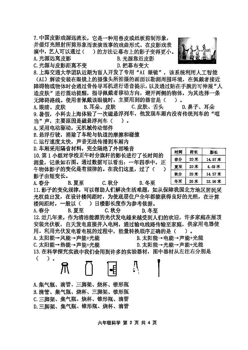 山东省青岛市平度市2024-2025学年六年级下科学期末试卷第2页