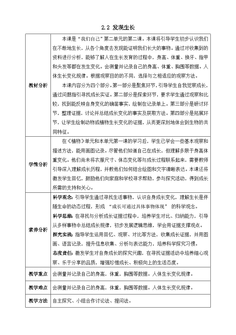 【任务型备课】教科版科学一上-2.2 发现生长（教案）第1页