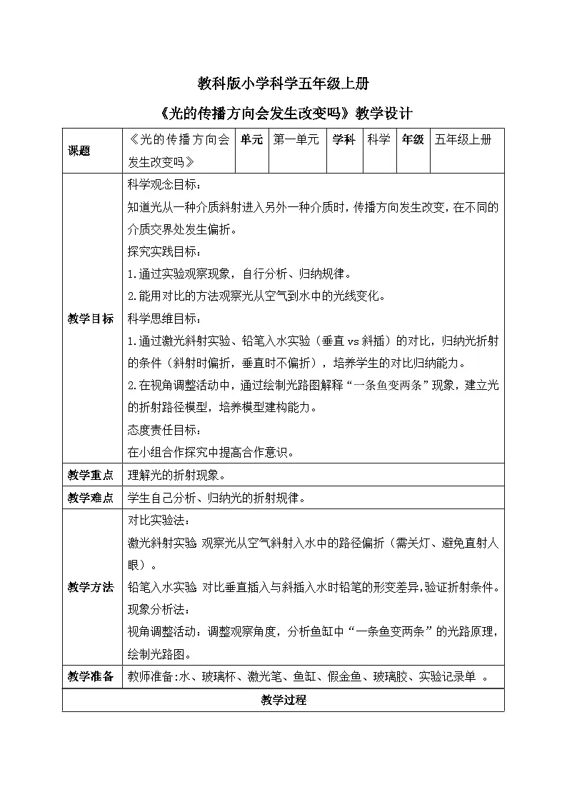 教科版小学科学五年级上册1-4《光的传播方向会改变吗》教学设计第1页