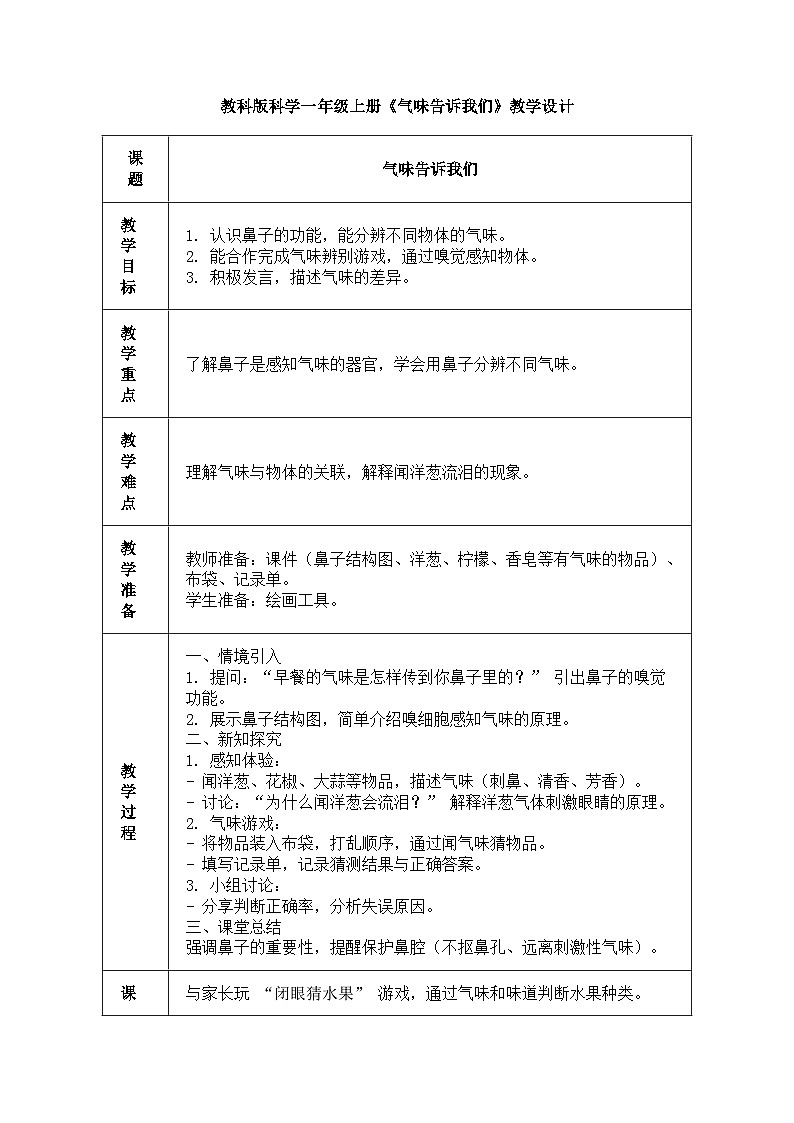 教科版（2024）-一年级上册科学第十课《气味告诉我们》教学设计第1页