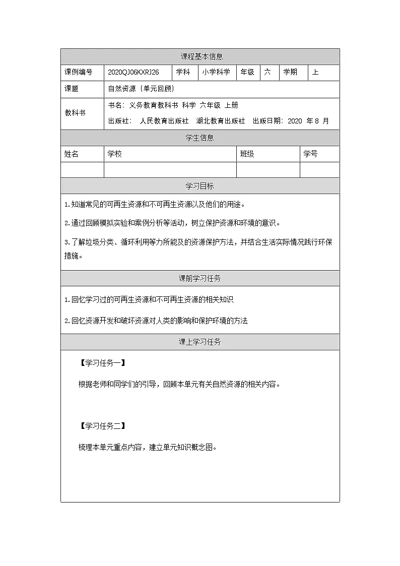 六年级【科学(人教版)】自然资源（单元回顾）-3学习任务单第1页