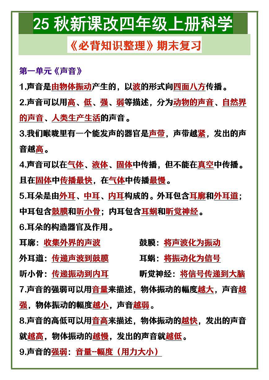 【2025人教版】四年级上册科学 《必背知识整理》期末复习第1页