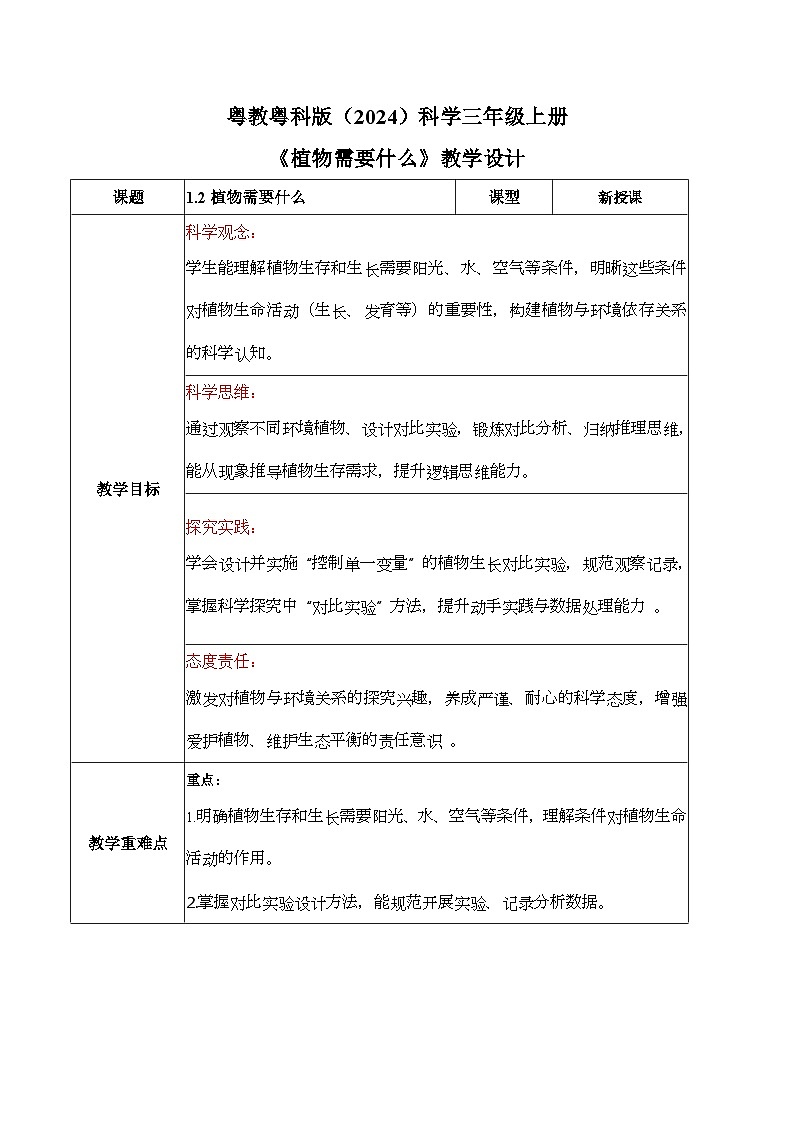 1.2 植物需要什么（教学设计）科学粤教粤科版三年级上册（新教材）第1页