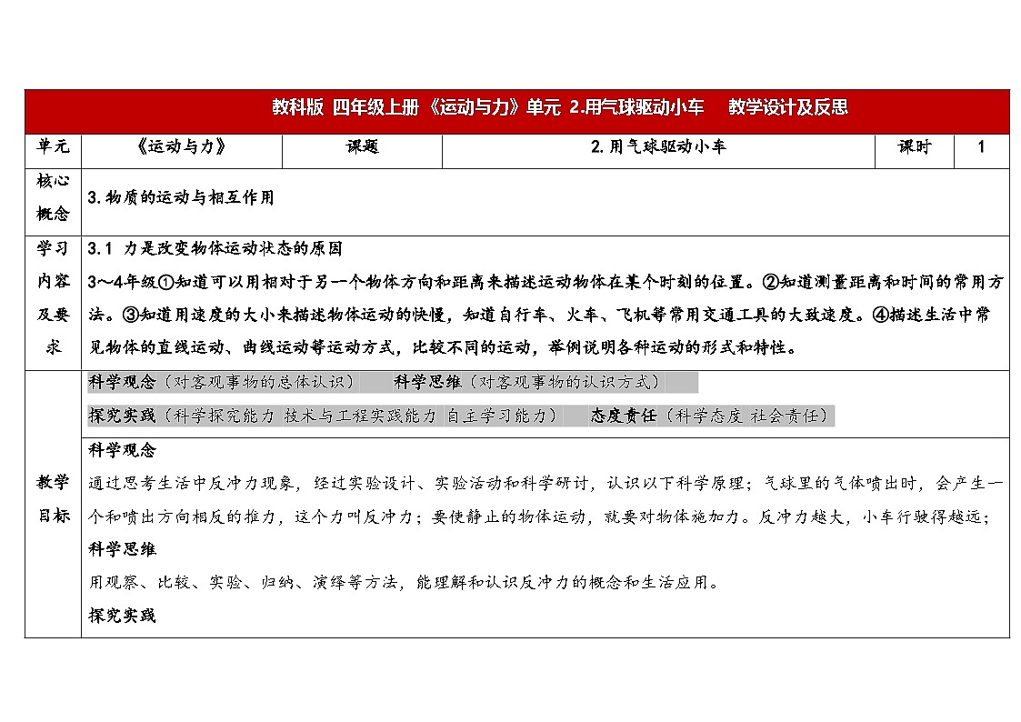 2025秋教科版四年级科学上册 3-2《用气球驱动小车》（表格式教案）第1页