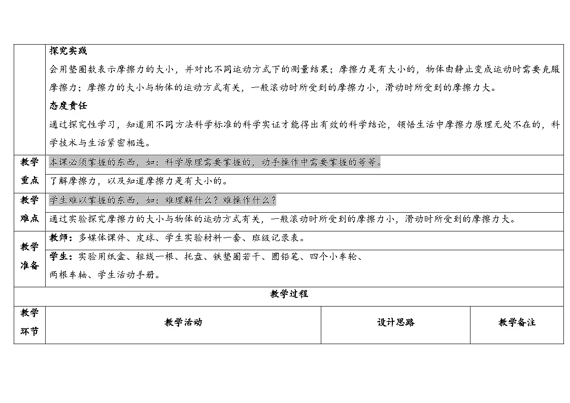 2025秋教科版四年级科学上册 3-5《运动与摩擦力》（表格式教案）第2页