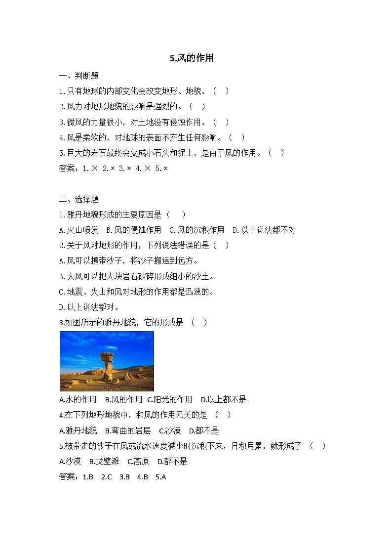 2025秋教科版五年级科学上册 2-5《风的作用》课堂练习（含答案）第1页