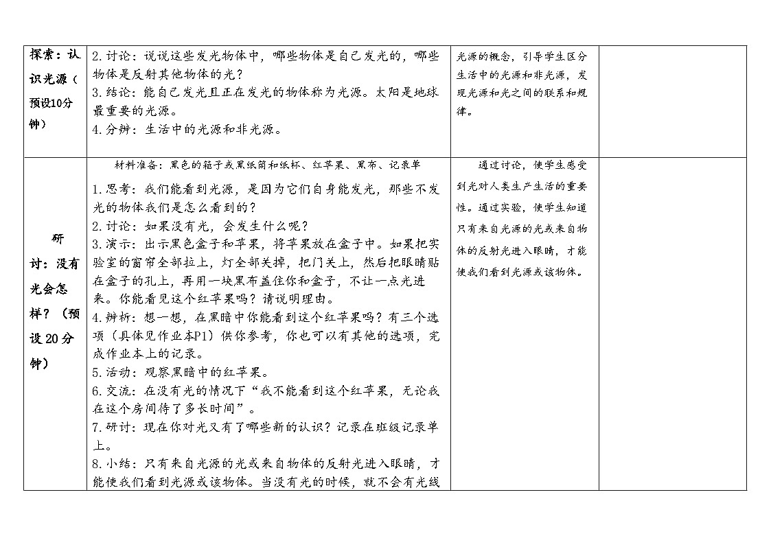 2025秋教科版五年级科学上册 1-1《有关光的思考》（表格式教案）第3页
