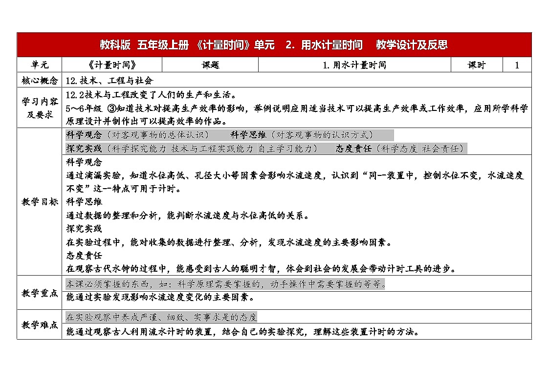 2025秋教科版五年级科学上册 3-2《用水计量时间》（表格式教案）第1页