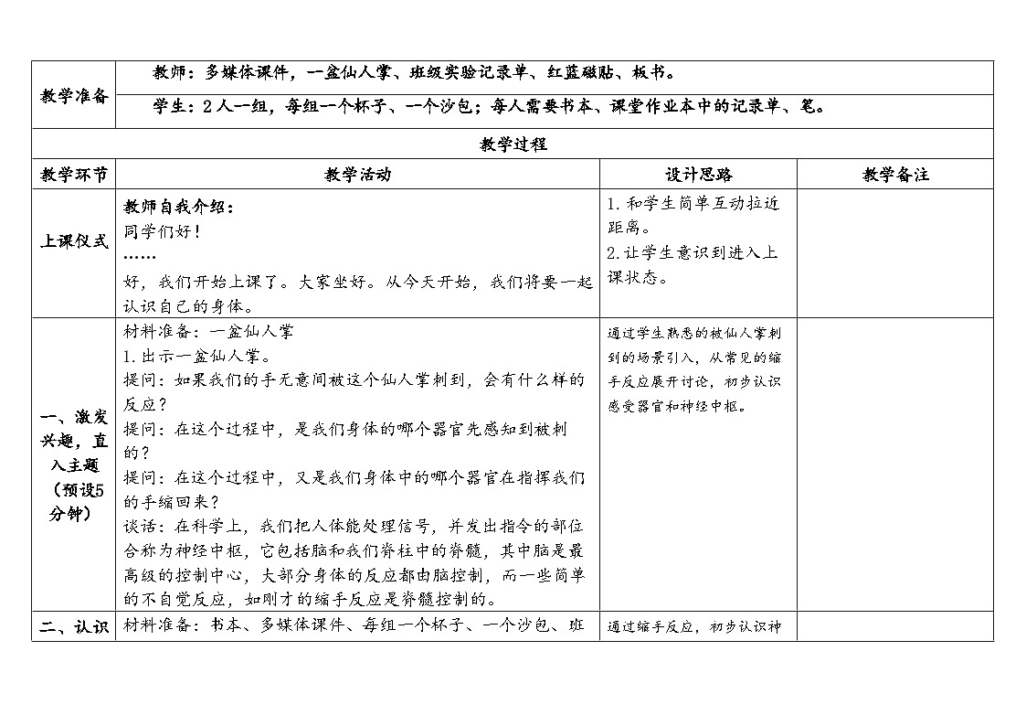 2025秋教科版五年级科学上册 4-5《身体的“联络员”》（表格式教案）第2页