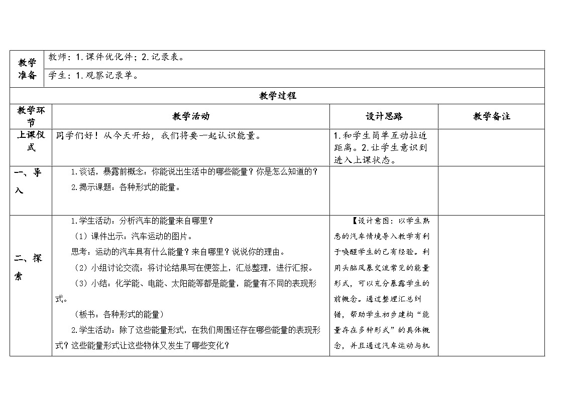 教科版六年级科学上册 第1课《各种形式的能量》（表格式教案）第2页