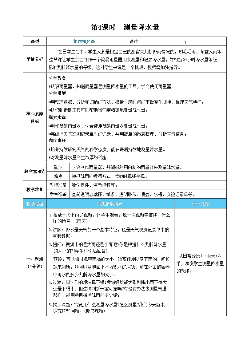 1.4 测量降水量 教案（表格式） 教科版科学三年级上册第1页