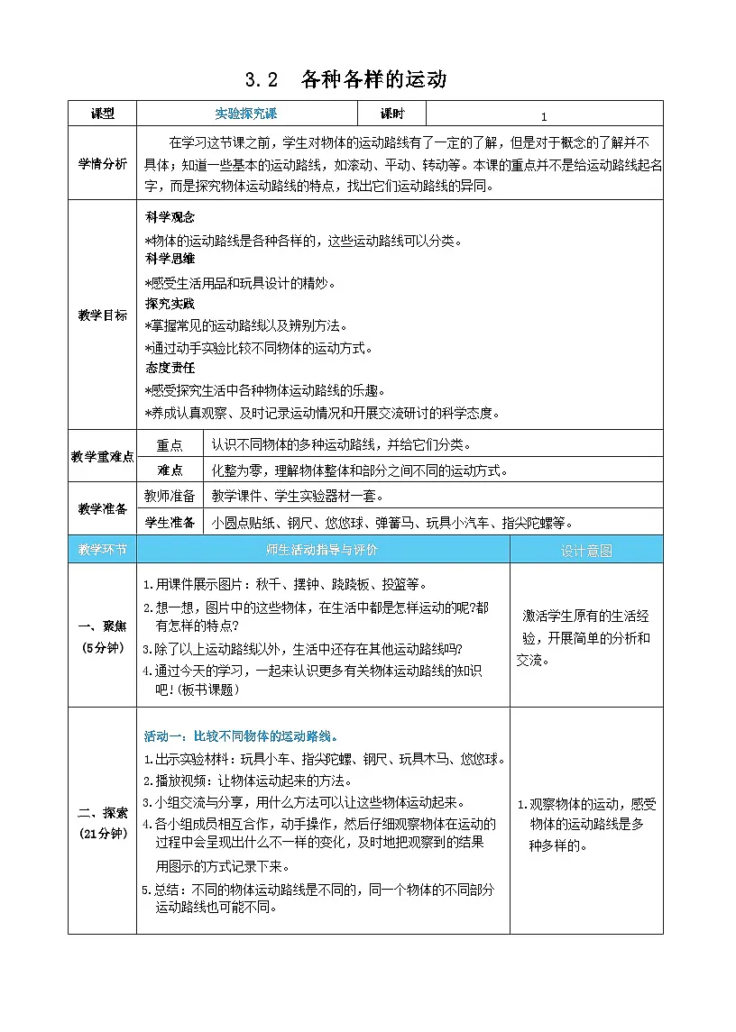 3.2 各种各样的运动 教案（表格式） 教科版科学三年级上册第1页