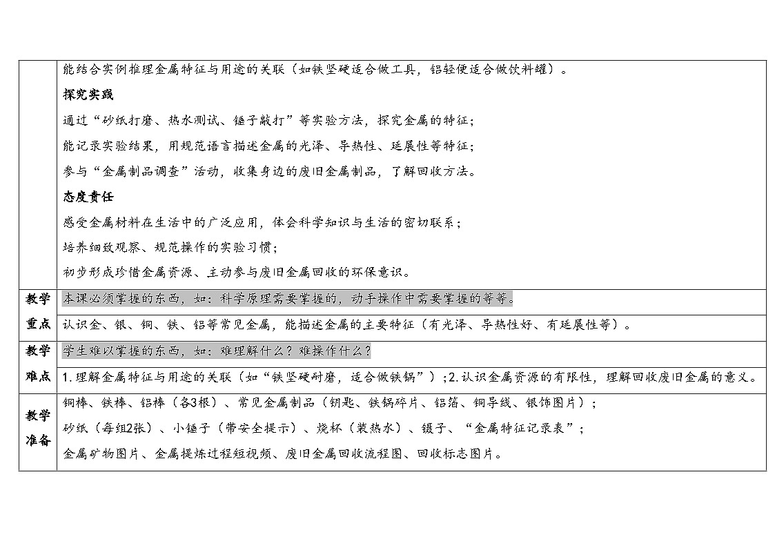 1.3《金属》（表格式教案）-2025-2026学年科学二年级上册（苏教版2024）第2页