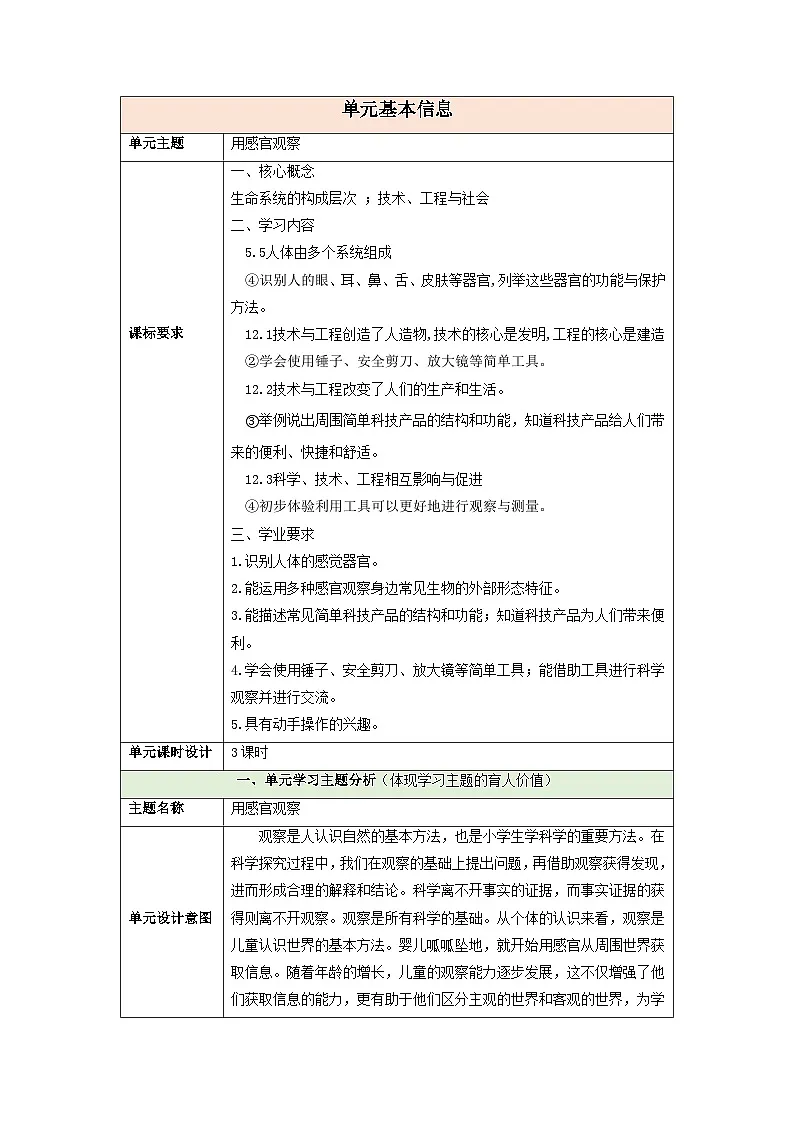 【大单元整体教学】第二单元《用感官观察》整体设计第1页