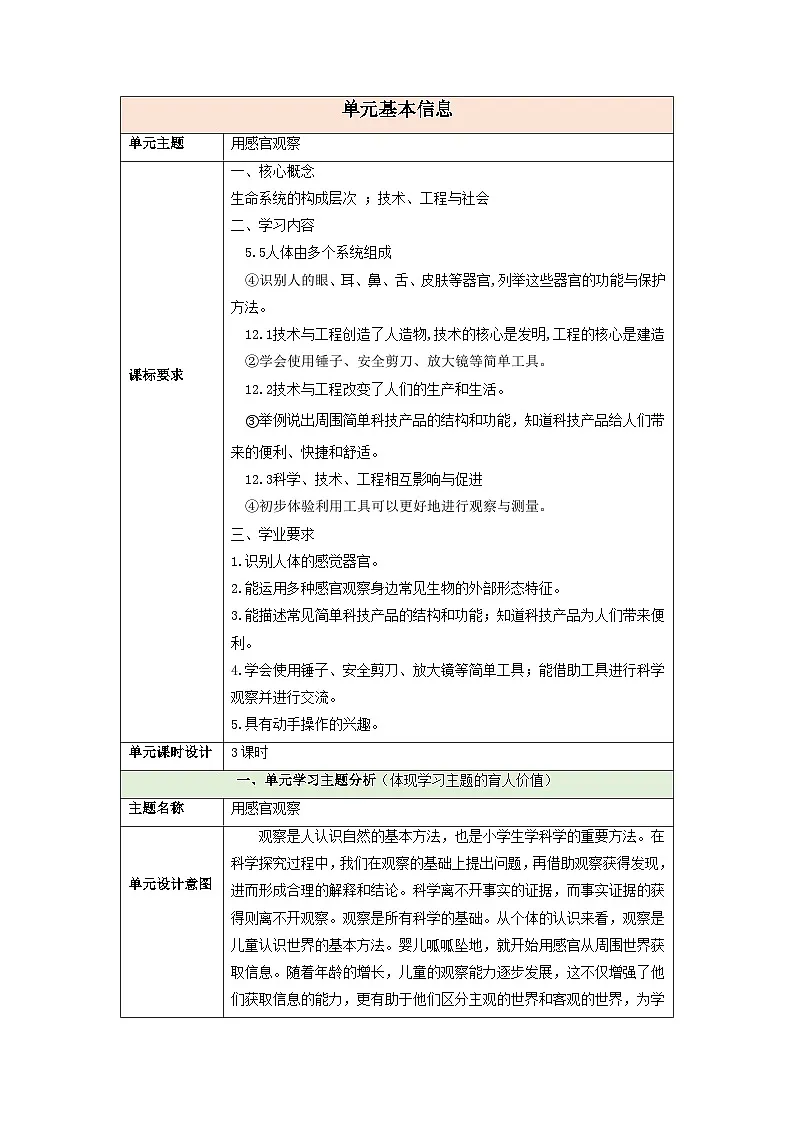 【大单元整体教学】第二单元《用感官观察》整体设计第1页