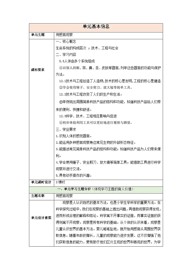 【大单元整体教学】第二单元《用感官观察》整体设计第1页