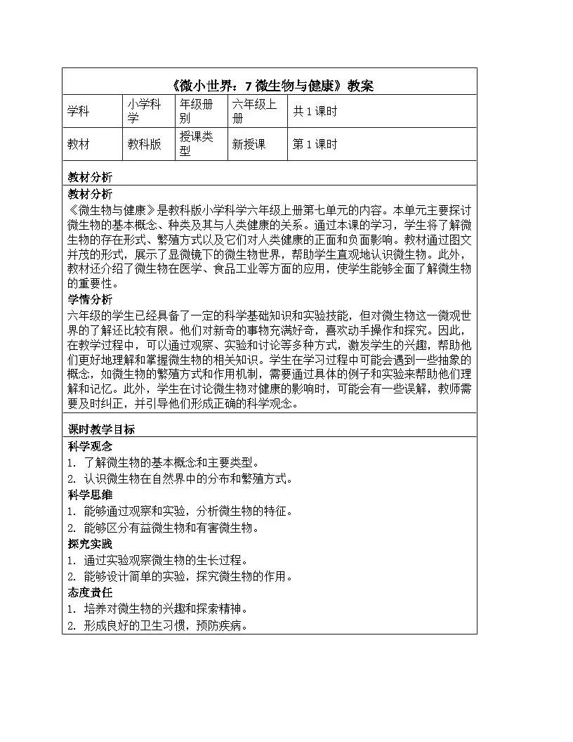 《微小世界：7 微生物与健康》教学设计-2025-2026学年教科版科学六年级上册第1页