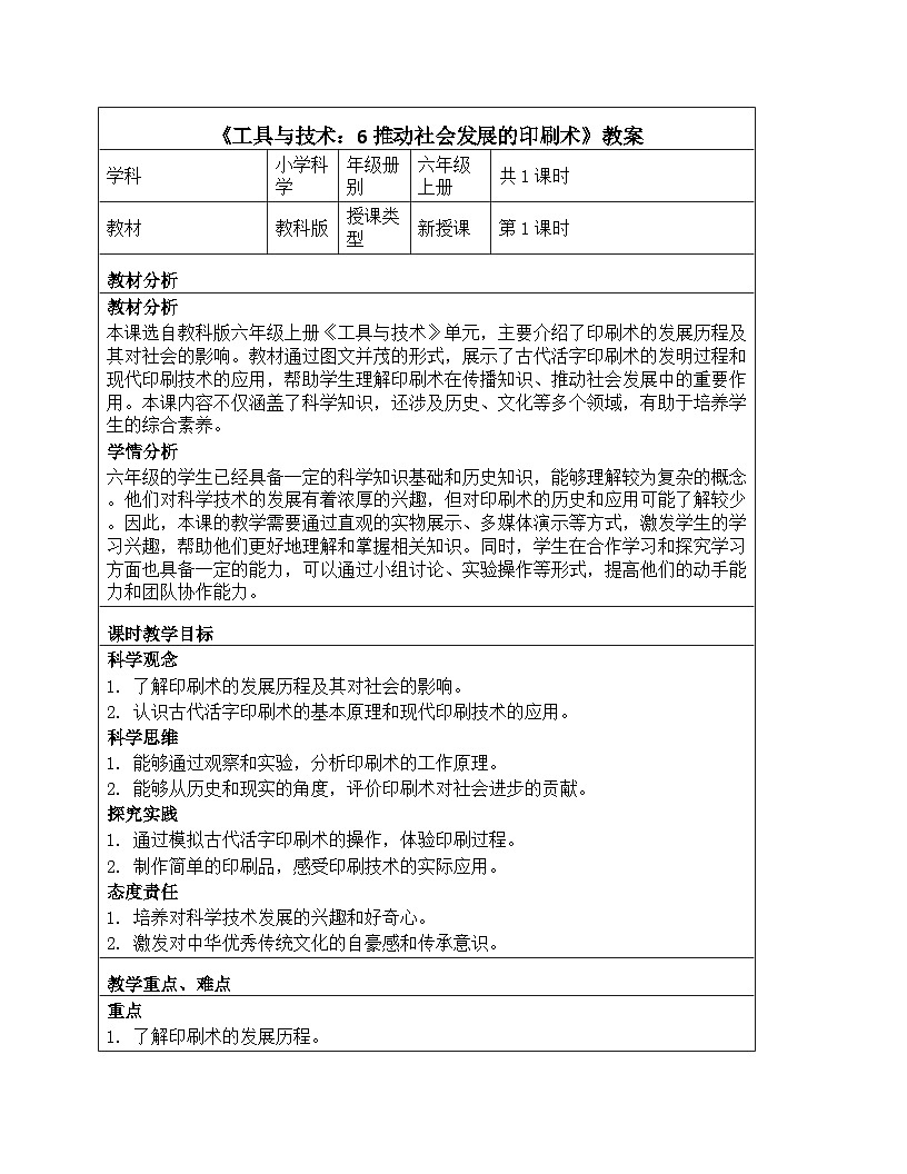 《工具与技术：6 推动社会发展的印刷术》教学设计-2025-2026学年教科版科学六年级上册第1页