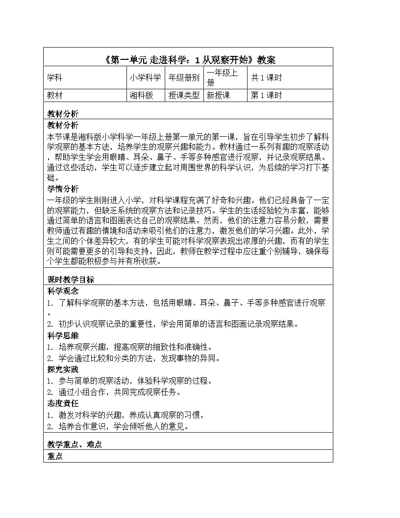 《第一单元 走进科学：1 从观察开始》教学设计-2025-2026学年第一学期湘科版（2024）科学一年级上册第1页