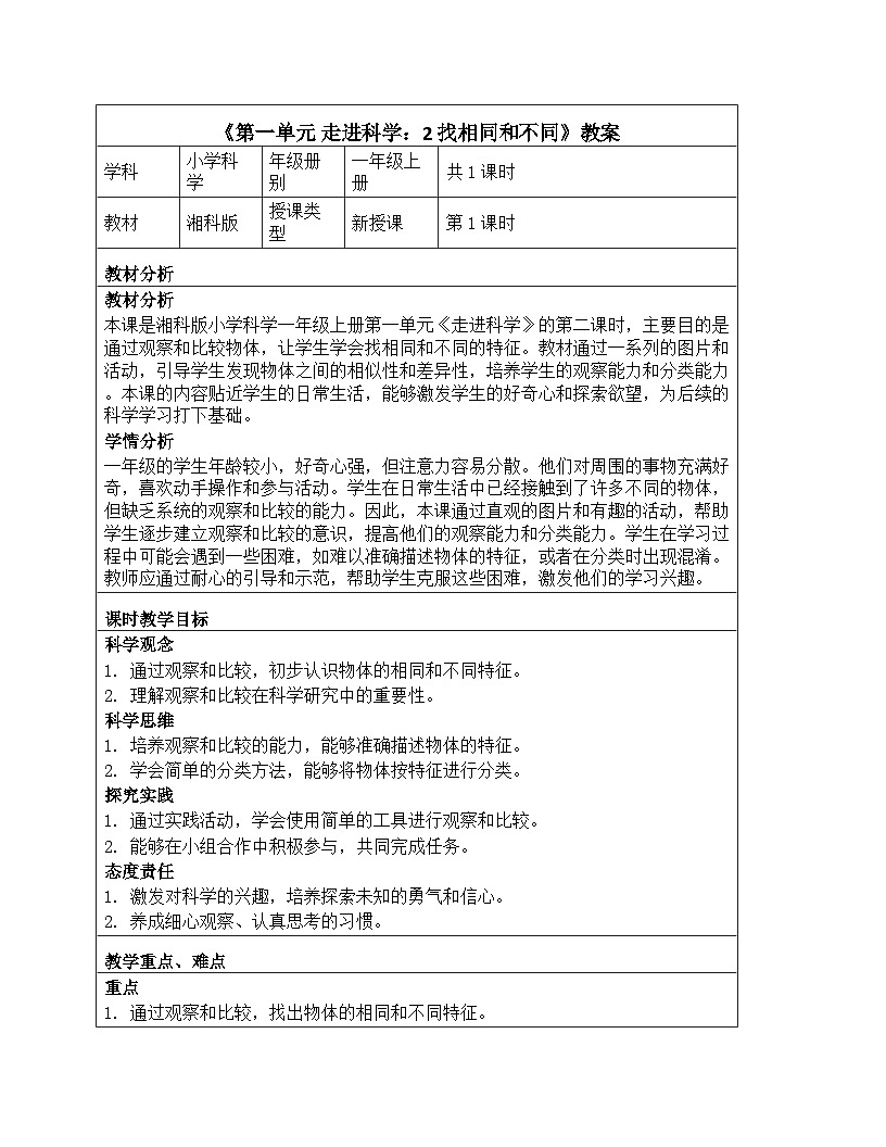 《第一单元 走进科学：2 找相同和不同》教学设计-2025-2026学年第一学期湘科版（2024）科学一年级上册第1页