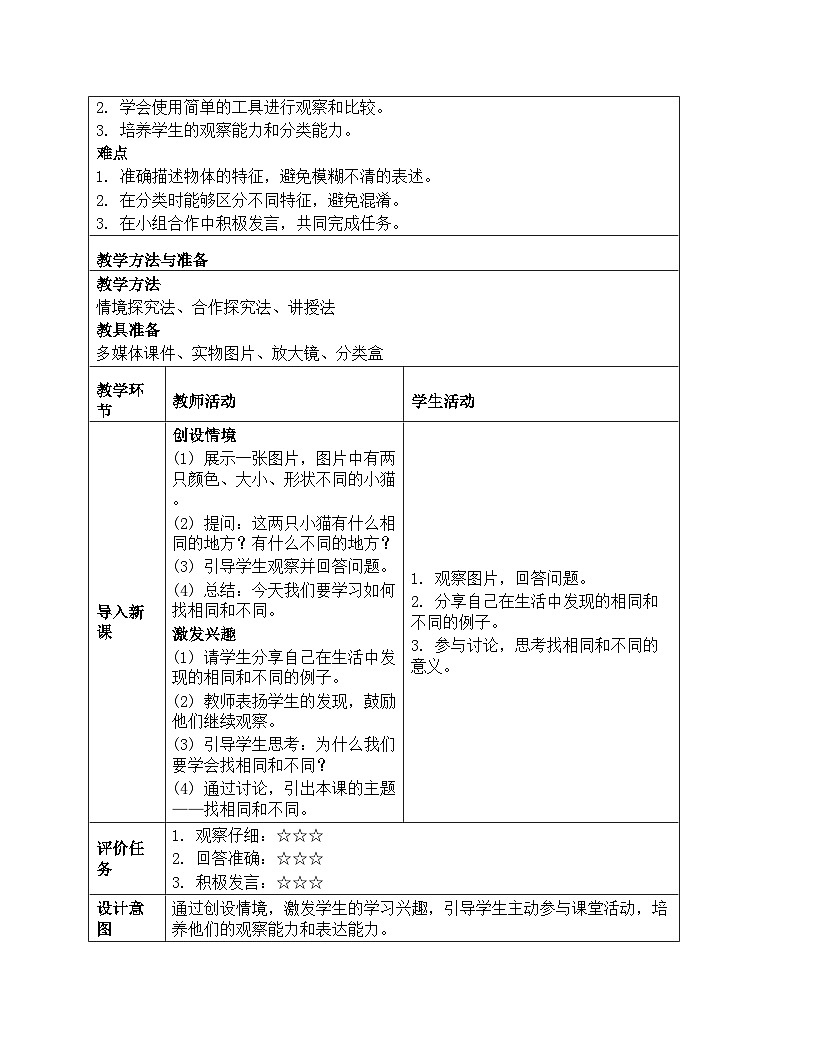 《第一单元 走进科学：2 找相同和不同》教学设计-2025-2026学年第一学期湘科版（2024）科学一年级上册第2页