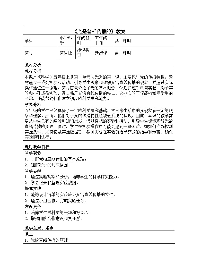 《第一单元 光：2 光是怎样传播的》教学设计-2025-2026学年教科版（2024）科学五年级上册第1页