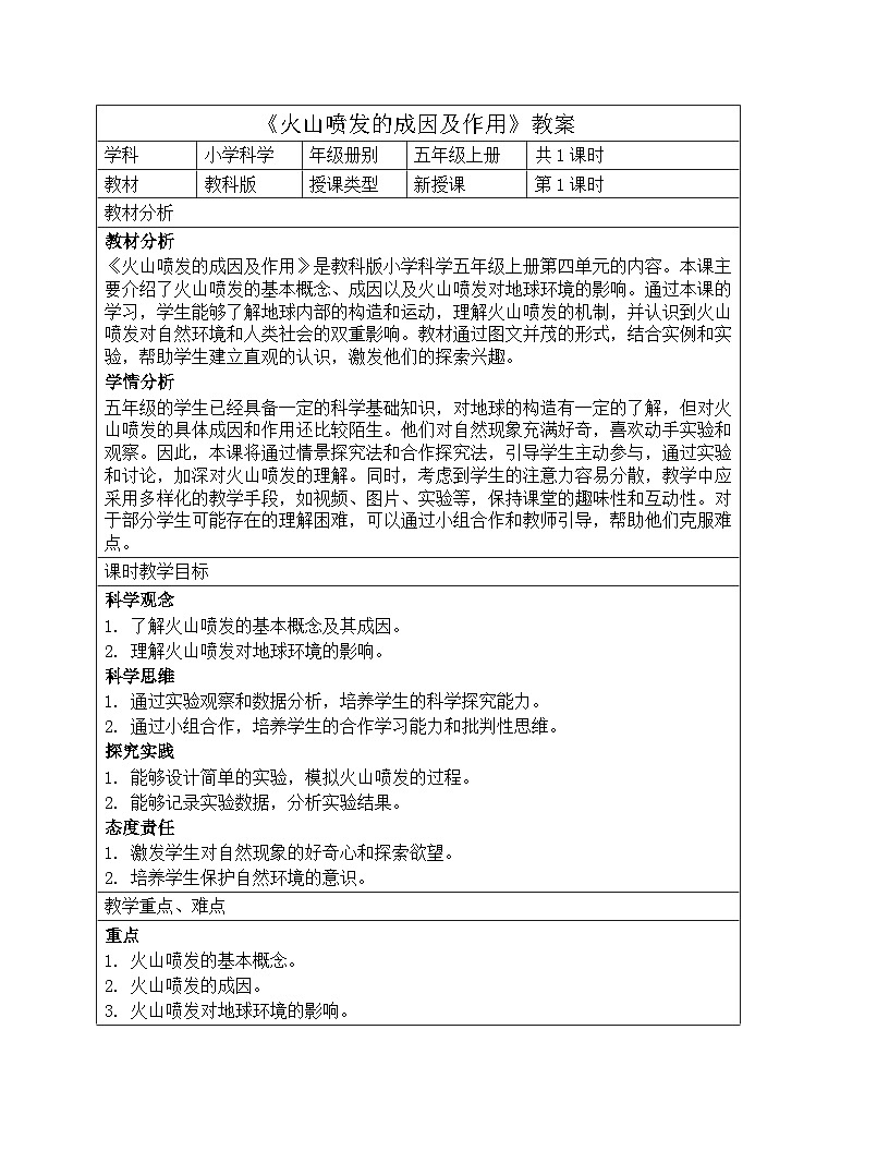 《第二单元 地球表面的变化：4 火山喷发的成因及作用》教学设计-2025-2026学年教科版（2024）科学五年级上册第1页