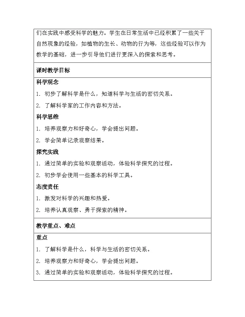苏教版（2024）一年级上册科学第1单元《走进科学》教案（1-3课）【表格式】第2页
