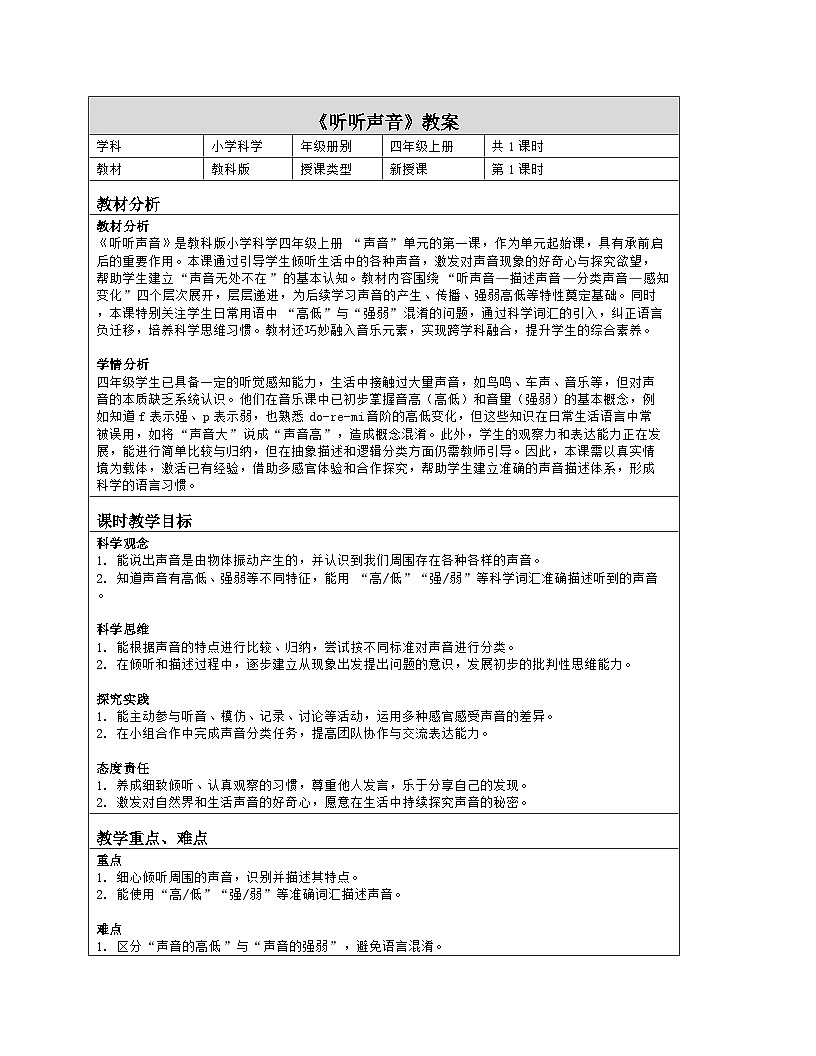 《1 听听声音》教学设计（表格版）-2025-2026学年教科版科学四年级上册第1页
