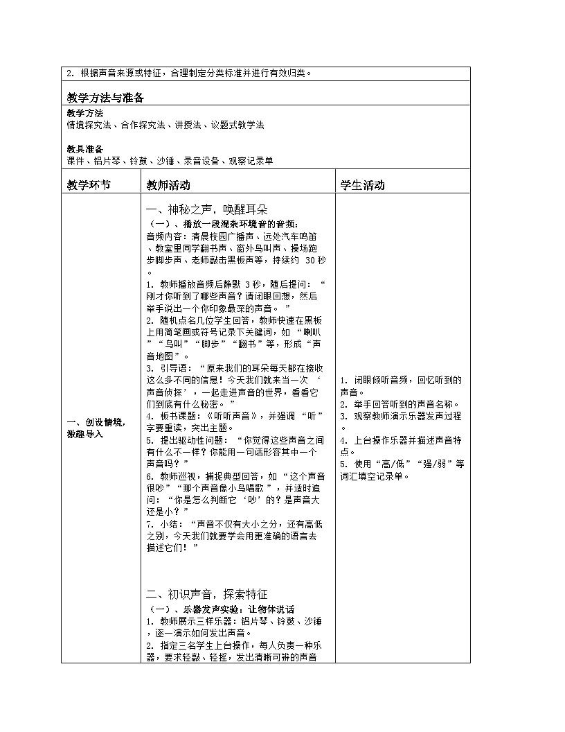 《1 听听声音》教学设计（表格版）-2025-2026学年教科版科学四年级上册第2页