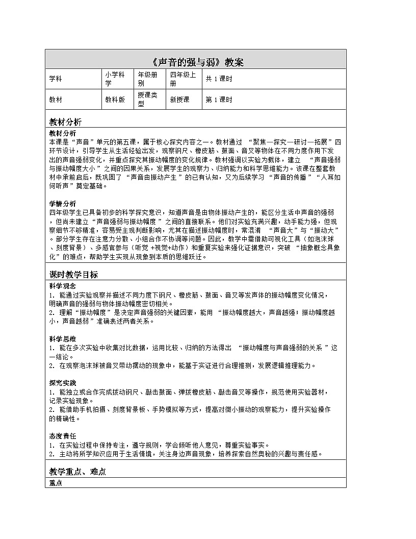 《5 声音的强与弱》教学设计（表格版）-2025-2026学年教科版科学四年级上册第1页