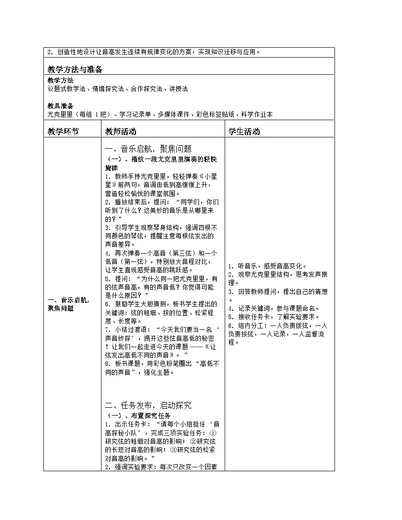 《7 让弦发出高低不同的声音》教学设计（表格版）-2025-2026学年教科版科学四年级上册第2页