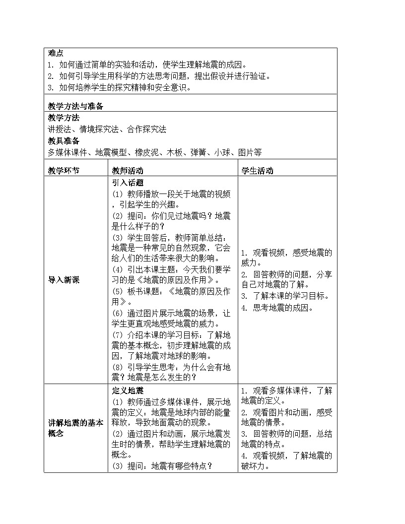 《第二单元 地球表面的变化：3 地震的原因及作用》教学设计（表格式）-2025-2026学年教科版（2024）科学五年级上册第2页
